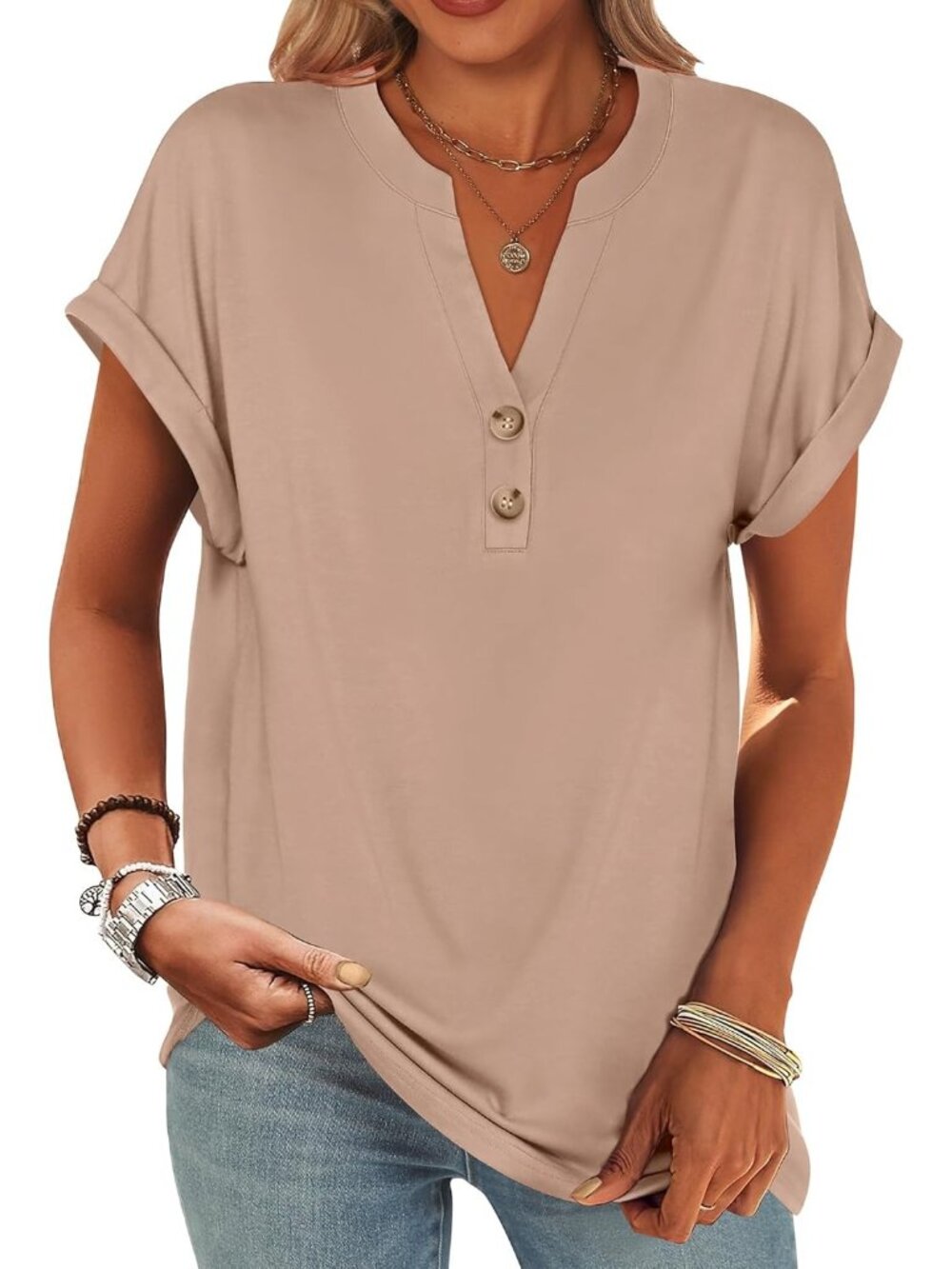 Women's Khaki Summer Short Sleeves Henley V Neck Comfortable Trendy Tee Shirts